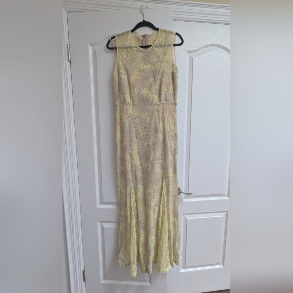 BCBG Max Azria Pale Yellow Floral Lace Maxi Dress